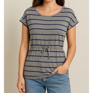 Vintage y2k Striped Tunic Blouse SMALL Gray Blue Drawstring Waist Casual Preppy